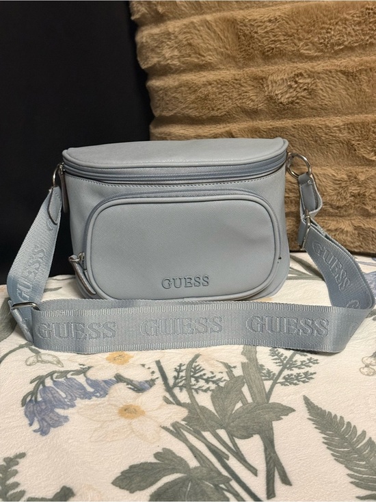 Guess Handbags - GUESS Light Blue Saffiano Crossbody / Belt Bag / Bum Bag – Logo Webbing Strap